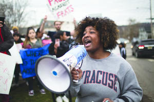 Tayla Myree, a sophomore studying political science and history, spoke and chanted in a megaphone at the protest Wednesday afternoon.